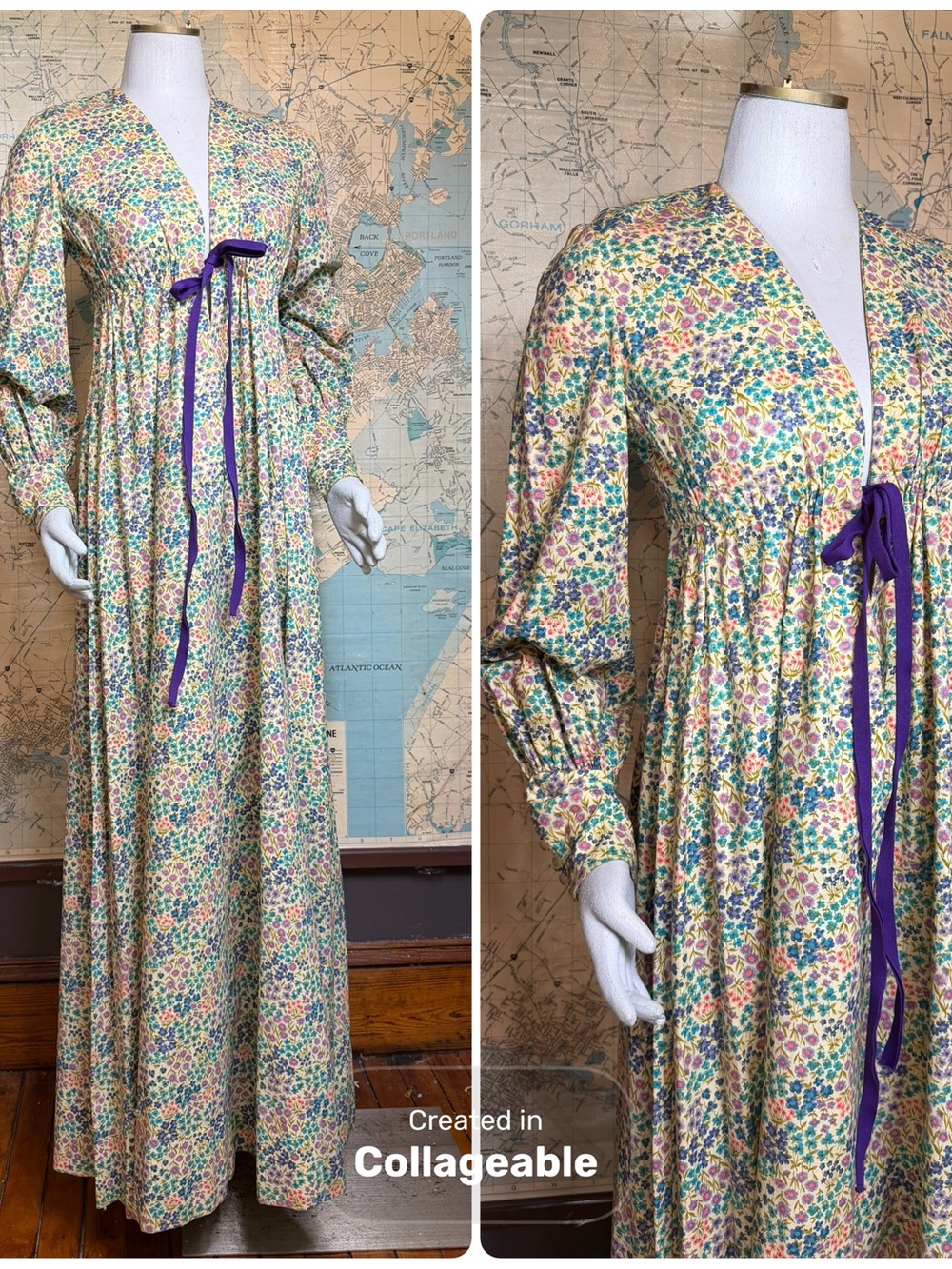 Vintage Handmade Floral Maxi Dress, Deep V, Button Sleeve, Drawstring Empire